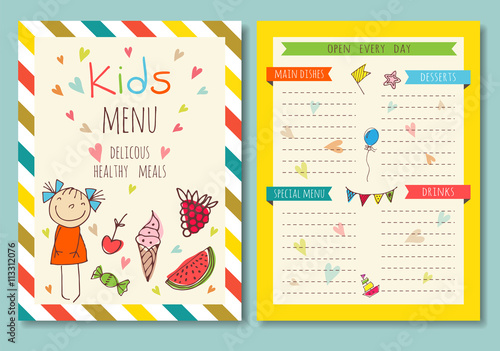 Cute colorful kids meal menu vector template