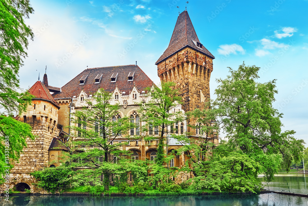Vajdahunyad Castle (Hungarian-Vajdahunyad vara) with lake reflec Vajdahunyad Castle (Hungarian-Vajdahunyad vara) with lake reflec