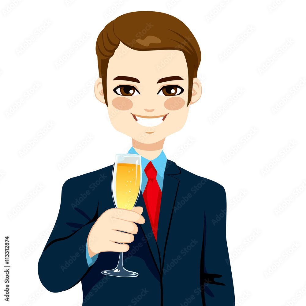 Successful young businessman smiling toasting with a flute of champagne Successful young businessman smiling toasting with a flute of champagne