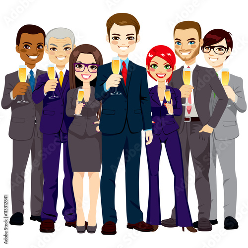 Team of seven successful and confident business men and women standing smiling with champagne glass toasting