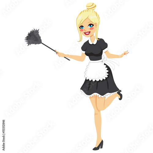 Blonde girl with vintage maid dress cleaning using feather duster