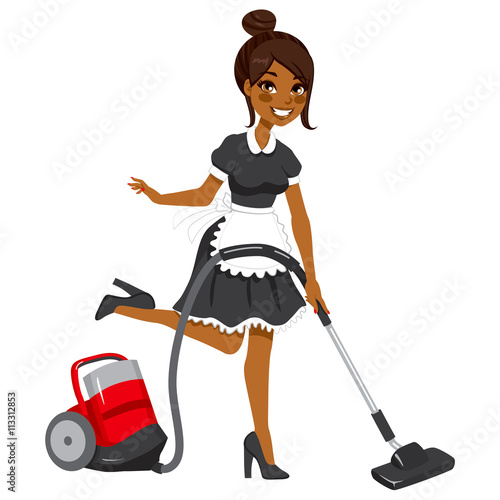 Beautiful African American woman in vintage maid dress cleaning using red vacuum cleaner