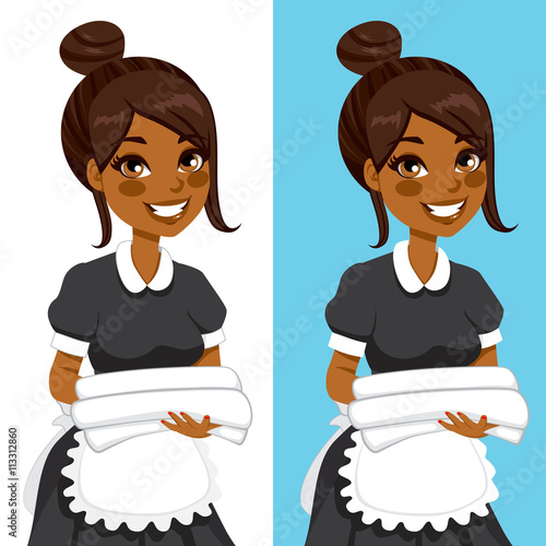 African American hotel service woman housekeeping worker holding white towels and bedclothes in two different background