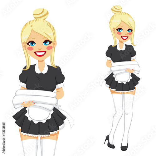 Blonde sexy woman with vintage maid service dress holding white towels smiling
