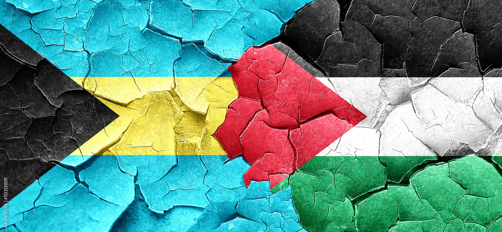 Bahamas flag with Palestine flag on a grunge cracked wall