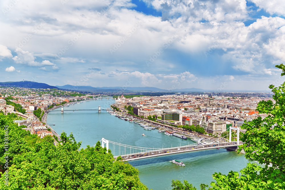 Panorama View on Elisabeth Bridge and Budapest,bridge connecting