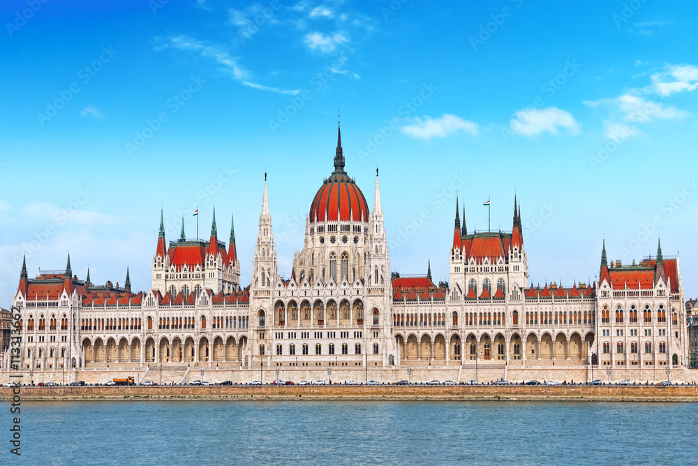 Fototapeta premium Hungarian Parliament at daytime. Budapest. View from Danube rive