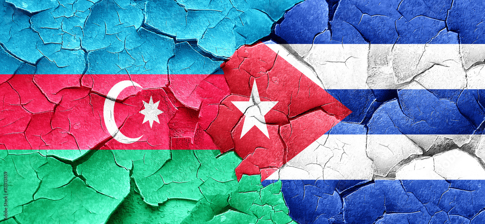 Azerbaijan flag with cuba flag on a grunge cracked wall