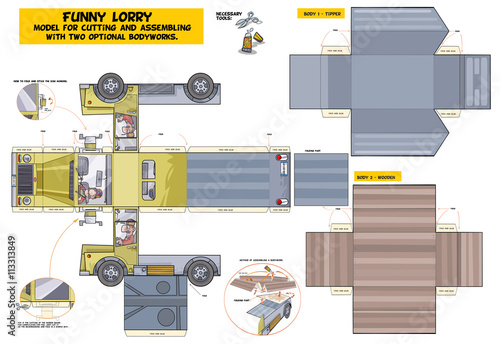 Funny Lorry - model for cutting and assembling. Low to middle level of difficulty. For best result print on A3 size paper.