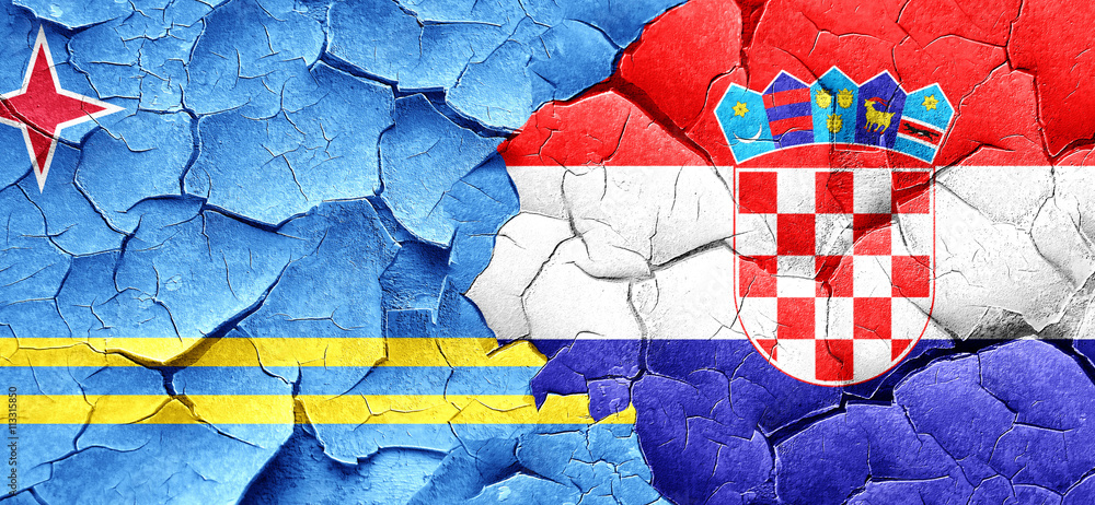 aruba flag with Croatia flag on a grunge cracked wall aruba flag with Croatia flag on a grunge cracked wall