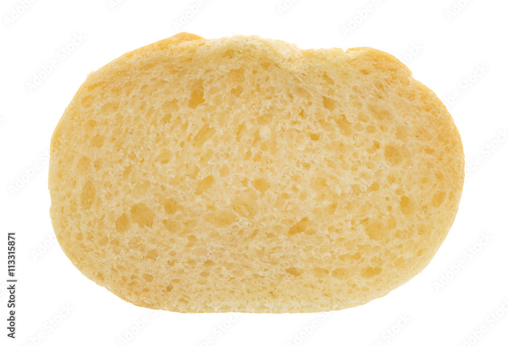 Small slice of French bread isolated on a white background top view. Small slice of French bread isolated on a white background top view.