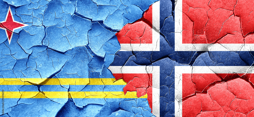aruba flag with Norway flag on a grunge cracked wall