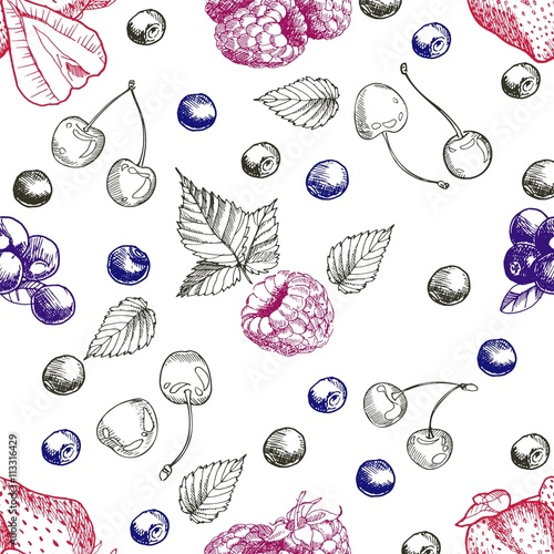Vector seamless pattern of summer red berries. Strawberry, cherry, raspberry, blueberry, blackberry. Vintage color engraveg hand drawn fresh fruits for wrapping papper, design, food, smoothies.
