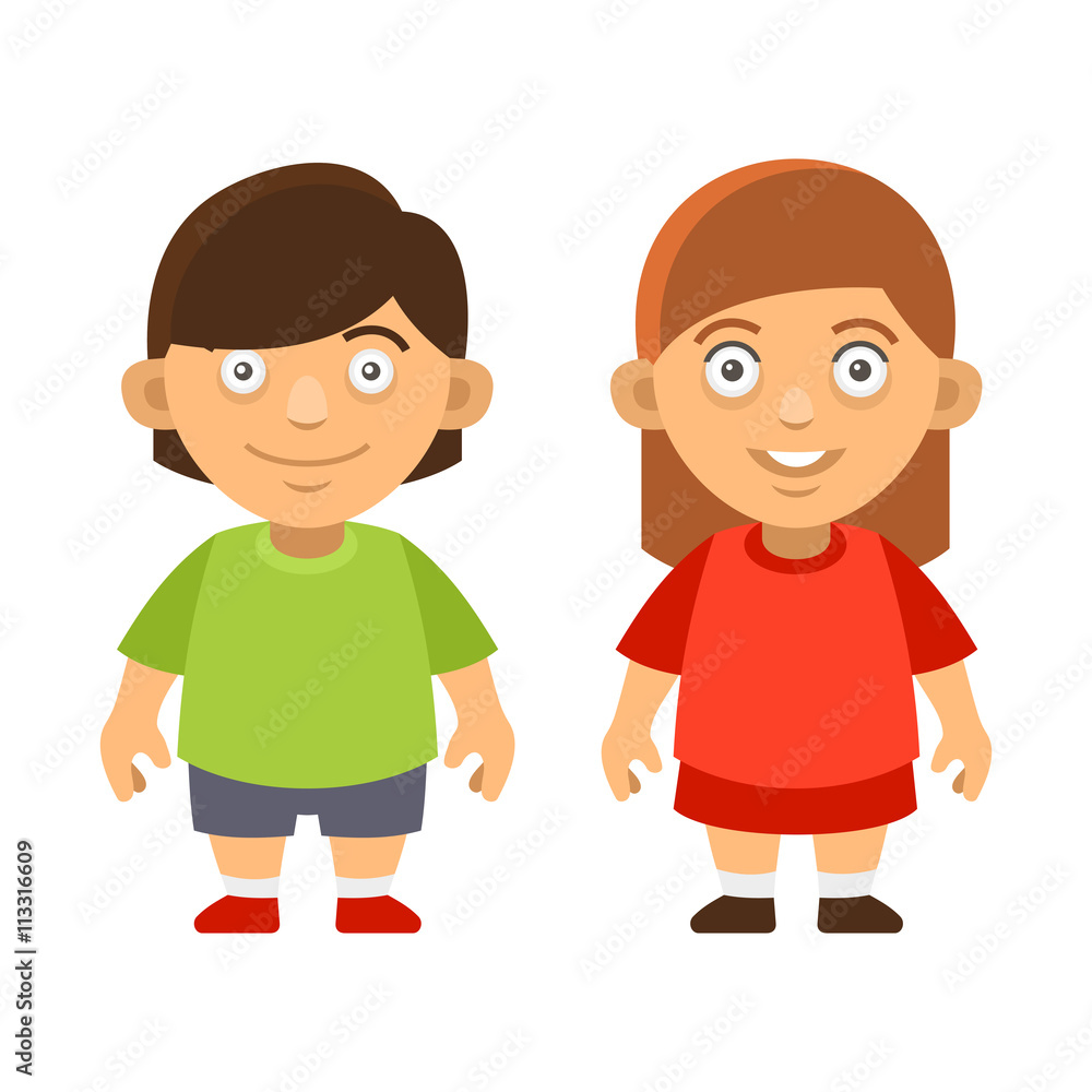 Two Carroon Style Cute Kids. Boy and Girl on White Background. Vector Two Carroon Style Cute Kids. Boy and Girl on White Background. Vector