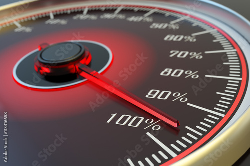 Quality and efficiency business concept, target achievement, car dashboard speedometer with red arrow approach to 100 percent sign