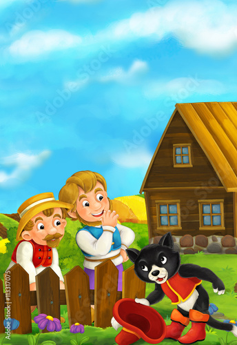 Beautifully colored scene with cartoon character - cat traveler is standing and greeting to two men in the background - illustration for children