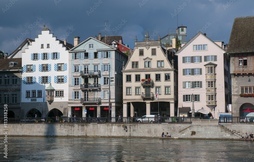 View of historical buildings on Limmat river quay, Zurich, Switzerland