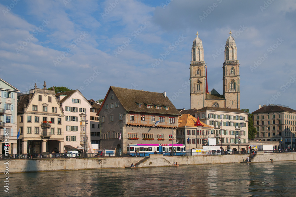 Zurich old city view from embankment of Limmat river