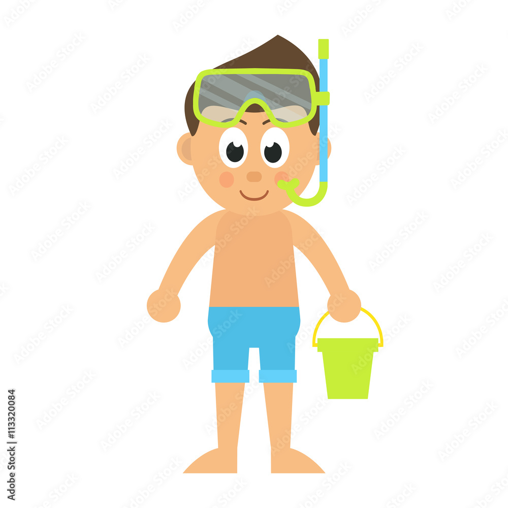 cartoon boy with bucket and diving mask cartoon boy with bucket and diving mask