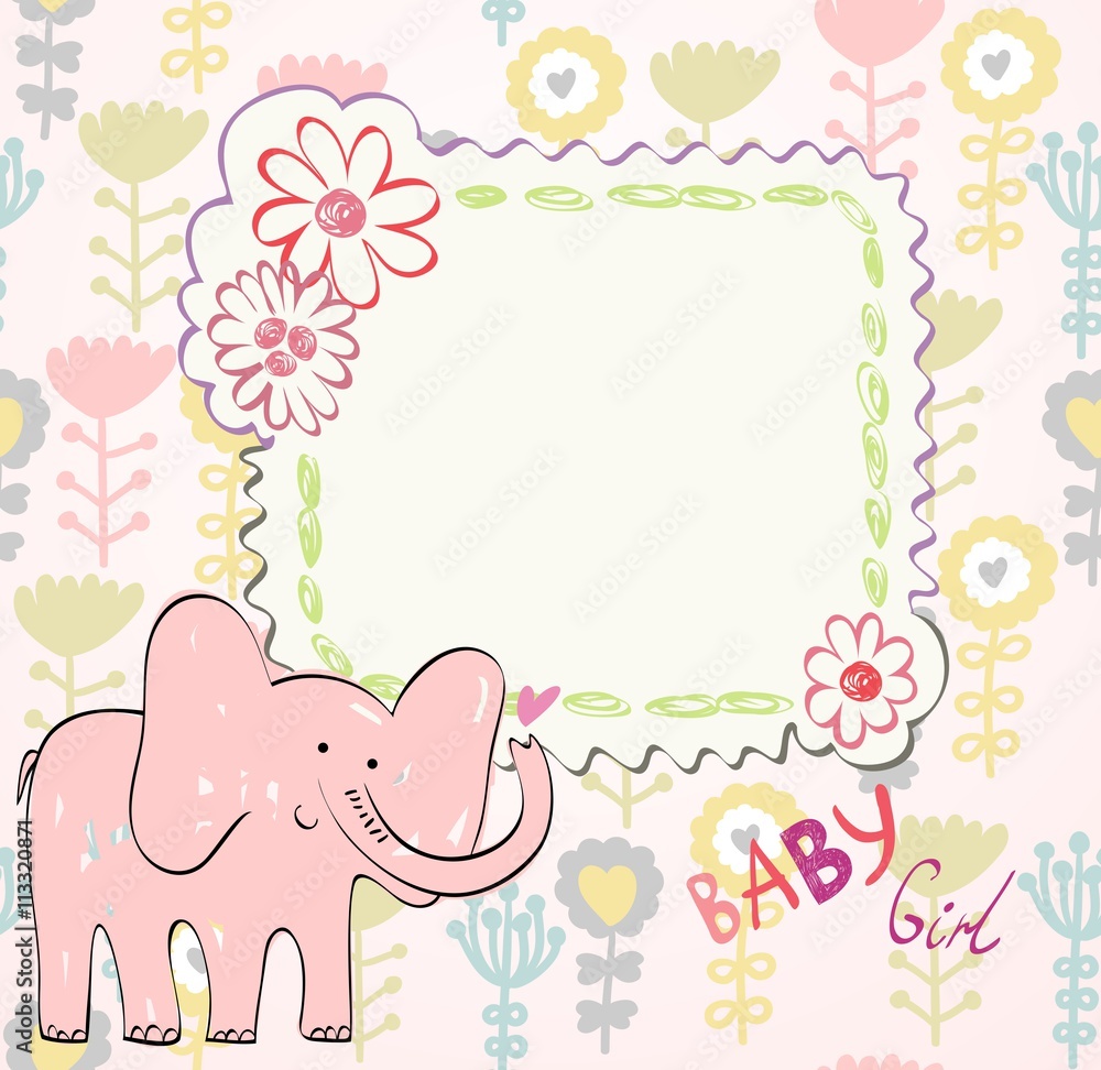 Hand drawn illustration with pink baby elephant. Hand drawn illustration with pink baby elephant.