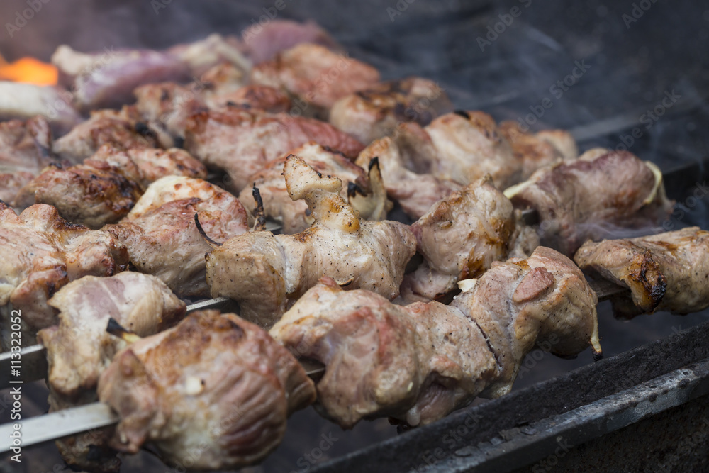 grilled caucasus barbecue skewers in smoke