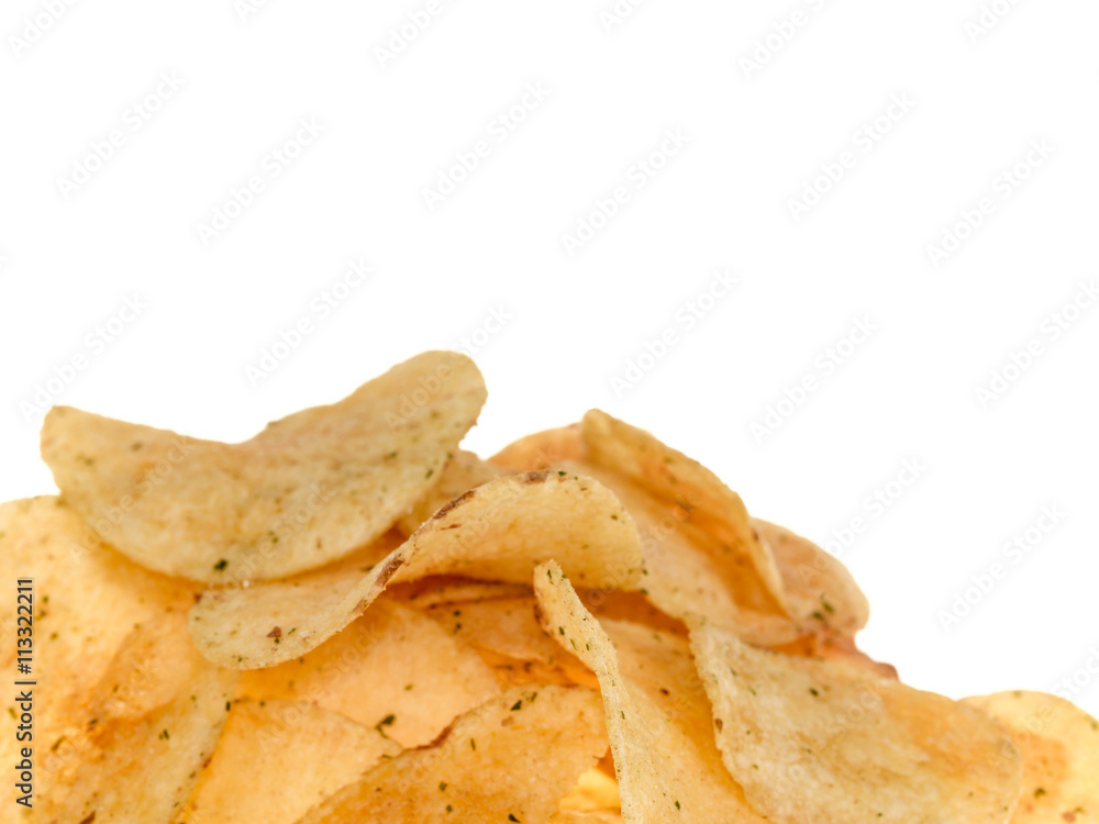 Handful of Flavored Potato Crisps Against a Plain White Backgrou