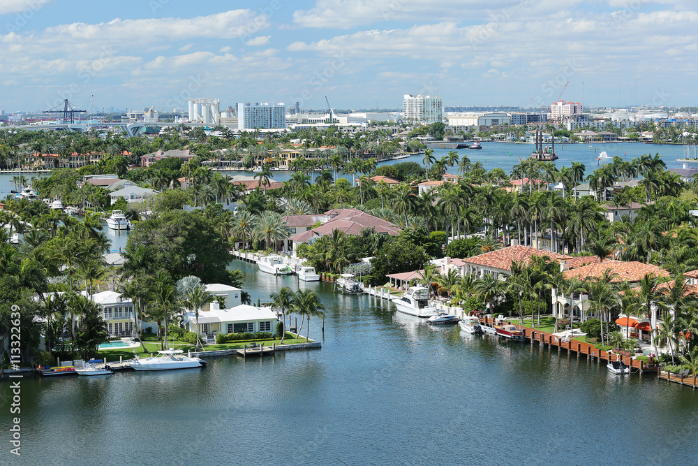 Aerial view of Fort Lauderdale's skyline, waterfront homes and the Intracoastal Waterway.