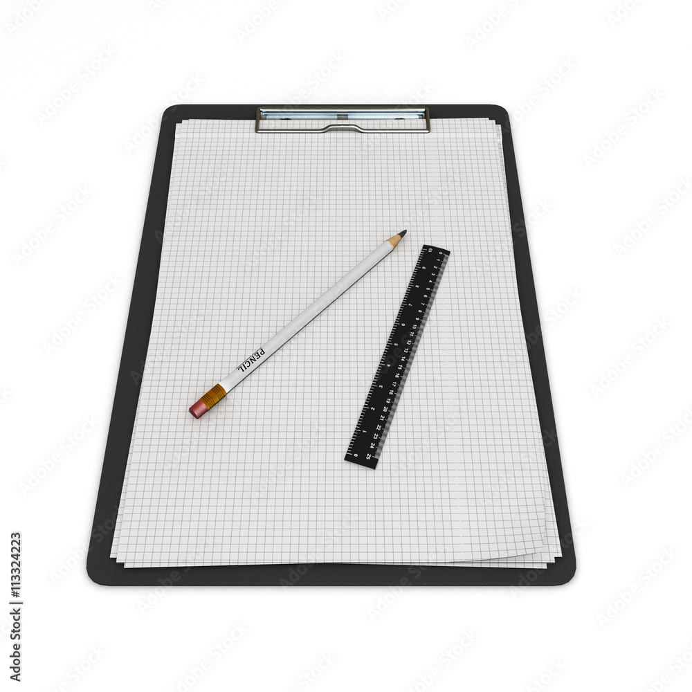 Clip board and papers and a pencil with a ruler on it 3d render Clip board and papers and a pencil with a ruler on it 3d render