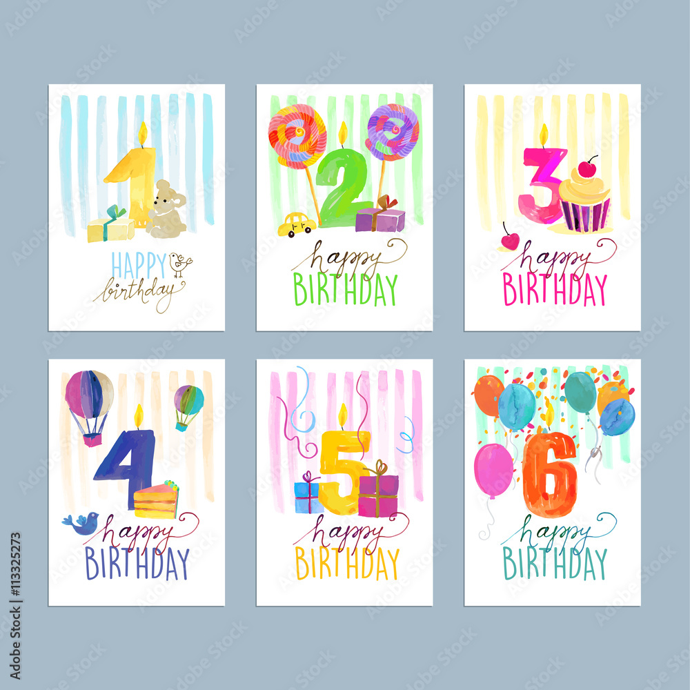 Set of birthday greeting cards. Hand drawn watercolor vector illustration concepts for website banners and print material.