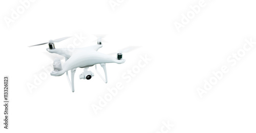 Photo Matte Generic Design Modern Remote Control Air Drone Flying with action camera. Isolated on Empty White Background. Horizontal , front angle view. 3D rendering.