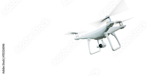 Picture Matte Generic Design Modern Remote Control Air Drone Flying with action camera. Isolated on Empty White Background. Horizontal . 3D rendering.