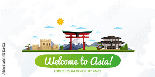 Welcome to Asia, travel on the world concept, traveling flat vector illustration.