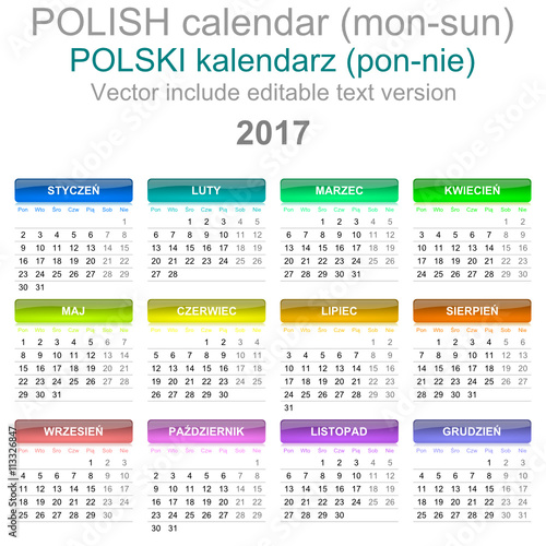 2017 Calendar Polish Language Version Monday to Sunday