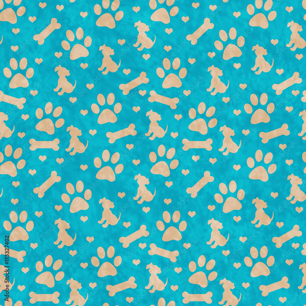 Dog paw prints, bones, and hearts in shades of turquoise