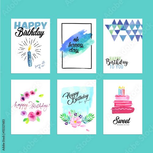 Collection of modern design birthday greeting cards. Hand drawn watercolor vector illustration concepts for website banners and print material.