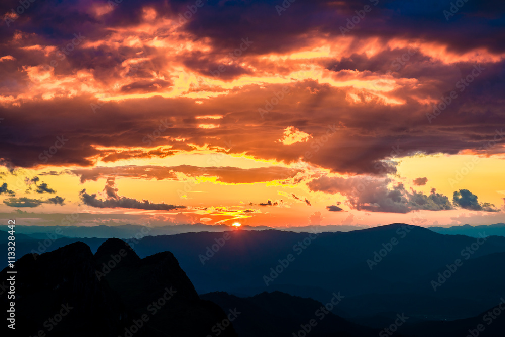 Colorful cloud view of mountains sunset summer landscape with pe
