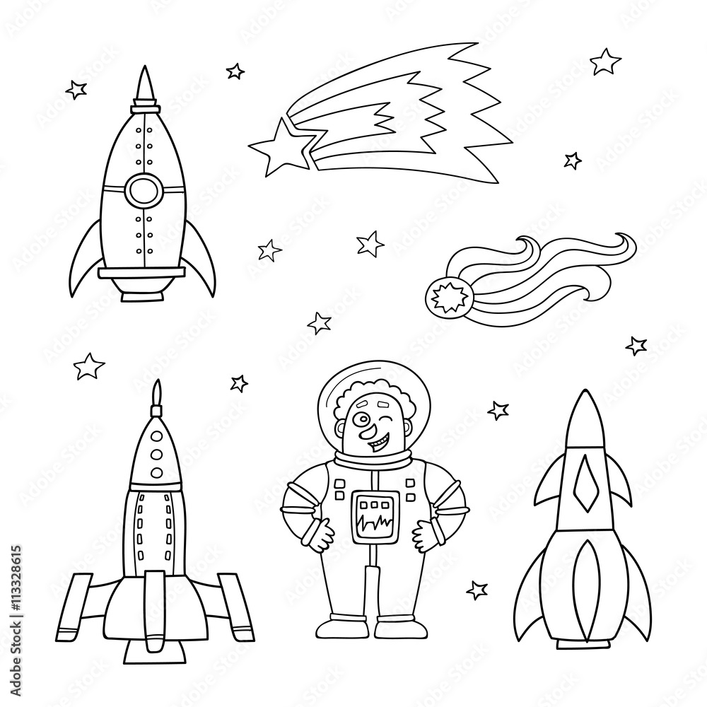 Card with space objects: rockets, stars, comet and astronaut. Ha