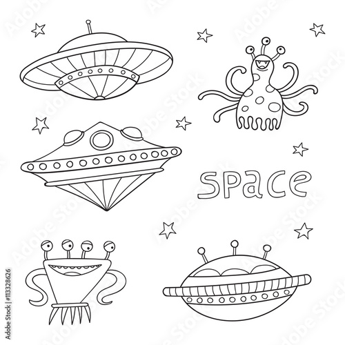 Card with space objects: ufo rockets, aliens and stars. Hand-dra