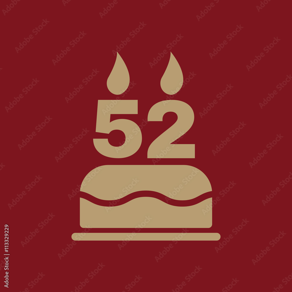 The birthday cake with candles in the form of number 52 icon. Birthday symbol. Flat The birthday cake with candles in the form of number 52 icon. Birthday symbol. Flat