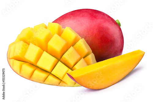 Mango with half sliced to cubes isolated on white background, with clipping path
