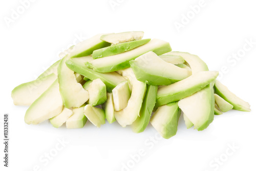 Avocado slices heap isolated on white, clipping path