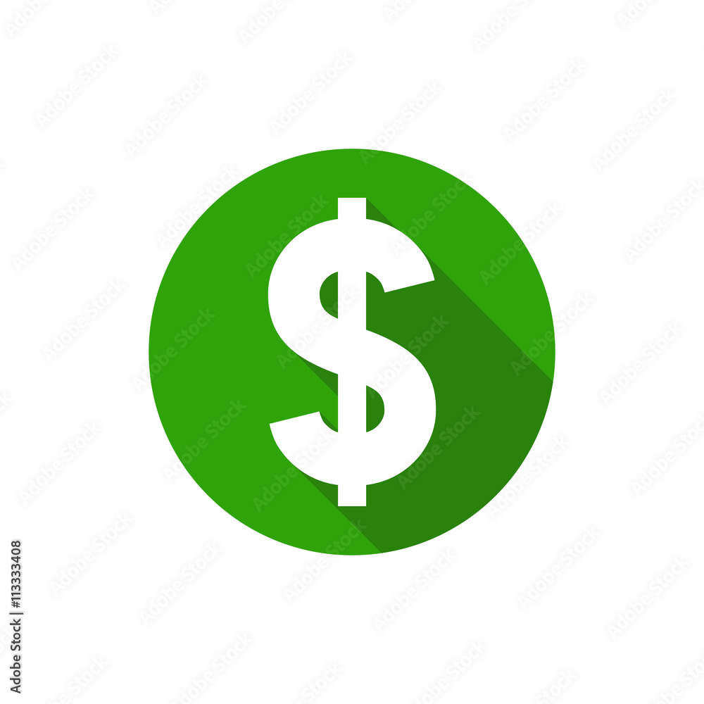 Dollar symbol, flat design style circle with long shadow, green color Dollar symbol, flat design style circle with long shadow, green color