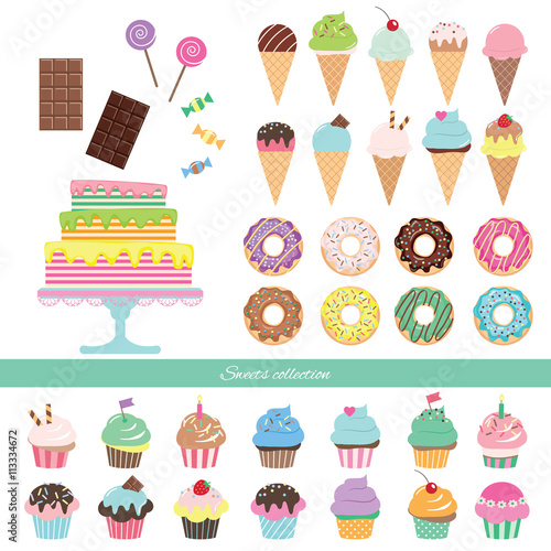 Birthday set with different sweets - cake, ice cream, donuts, cupcakes, chocolate bar, lollipop, candies.