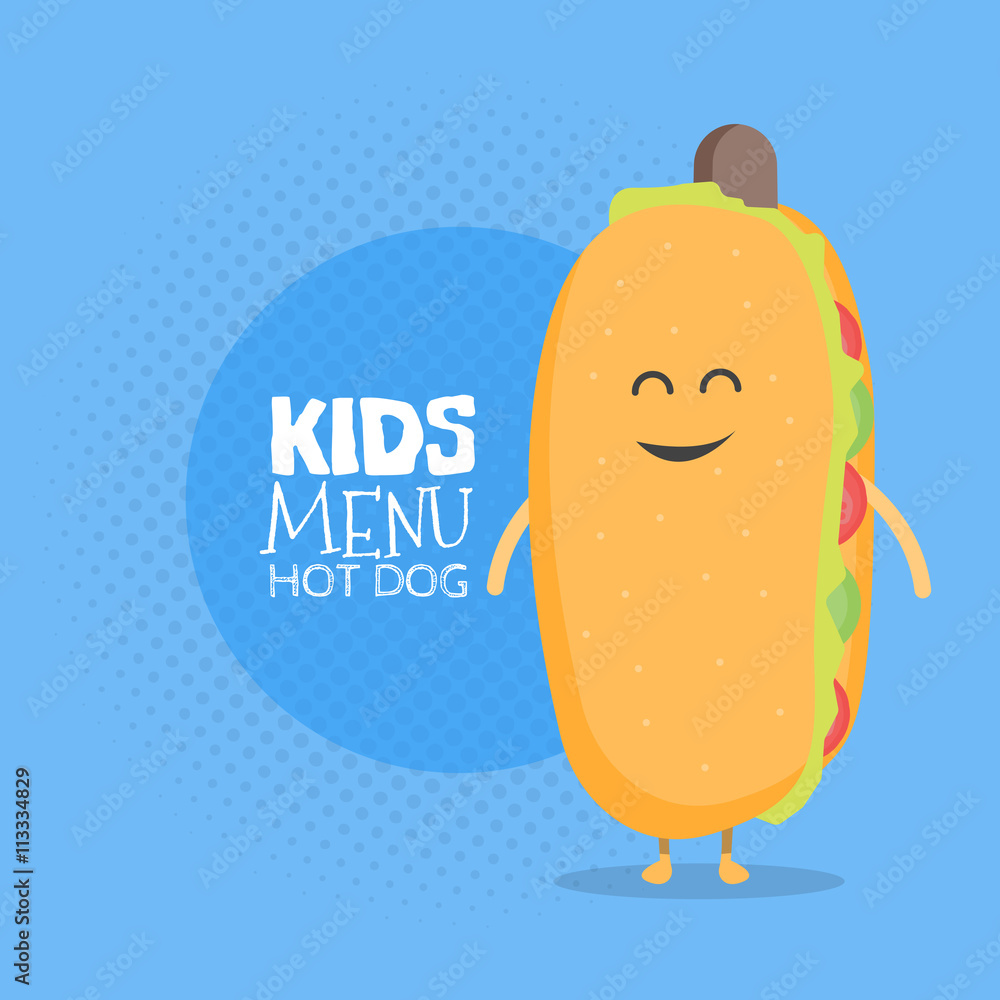 Kids restaurant menu cardboard character. Funny cute hot dog drawn with a smile, eyes and hands. Stock Vector | Adobe Stock Kids restaurant menu cardboard character. Funny cute hot dog drawn with a smile, eyes and hands. Stock Vector | Adobe Stock