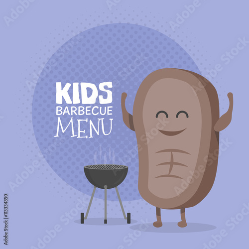 Kids restaurant menu cardboard character. Funny cute cartoon steak barbecue drawn with a smile, eyes and hands.