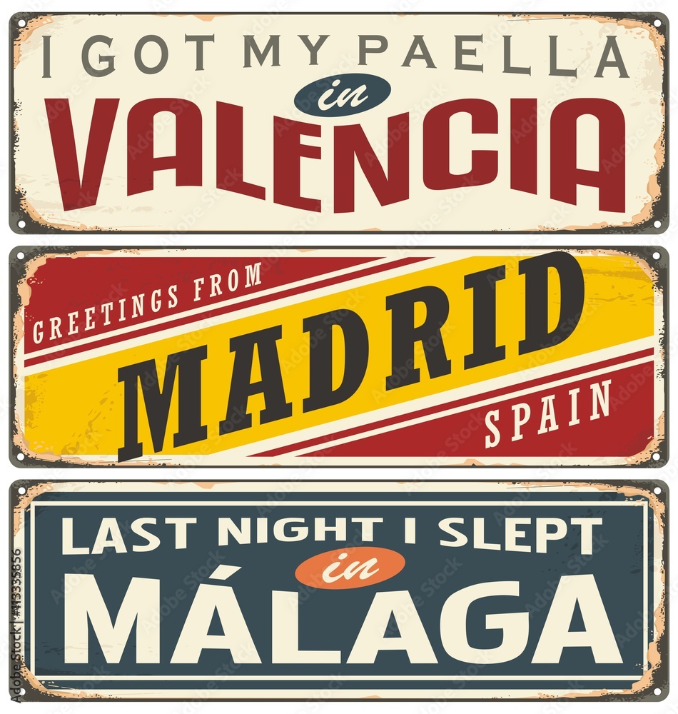 Unique retro tin sign collection with cities in Spain