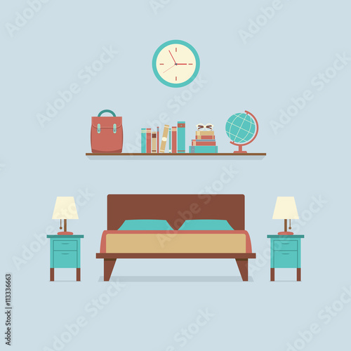 Flat Design Bedroom Interior Vector Illustration.
