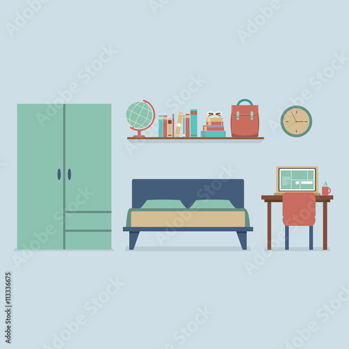 Flat Design Bedroom Interior Vector Illustration.
