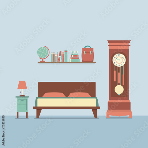 Flat Design Bedroom Interior Vector Illustration.