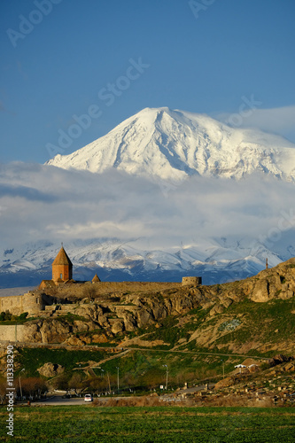 Ancient monastery in front of mountain